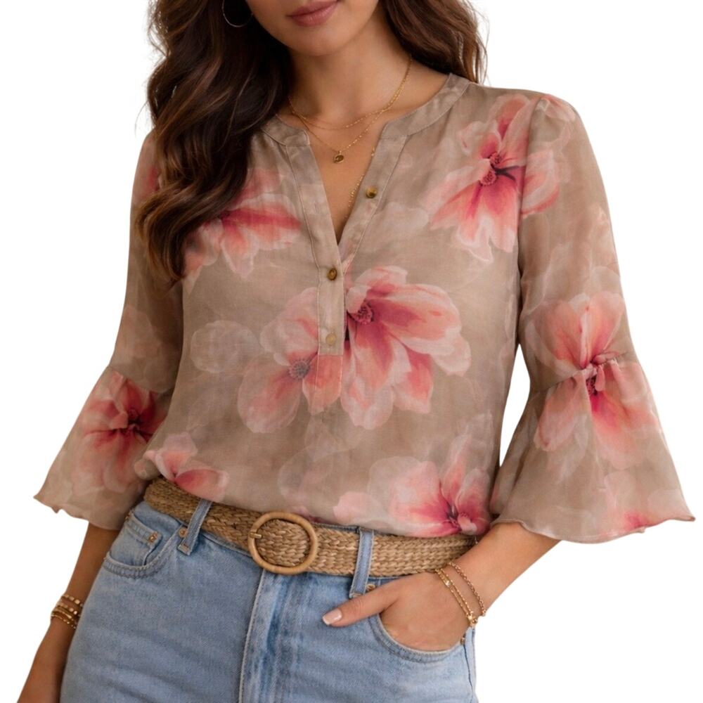 Calvin Klein Floral Sheer Blouse Top Ruffle Split Bell Sleeves NWOT
